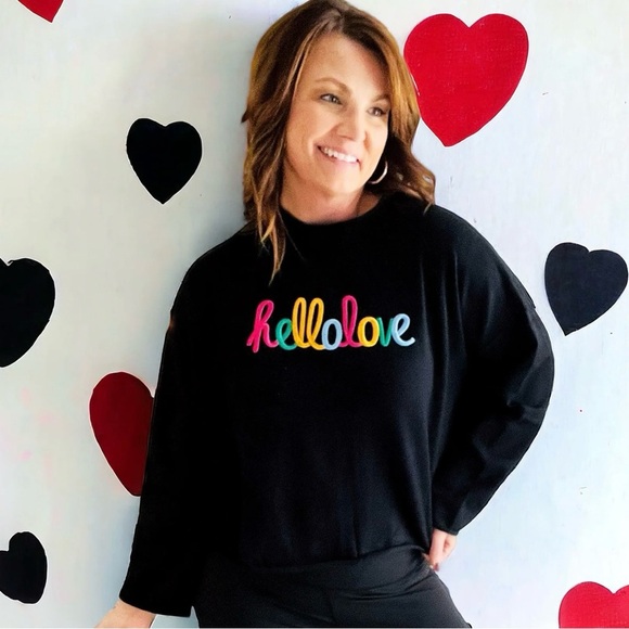 FIRST LOVE Black Sweater with an Embroidered “Hello Love” in Rainbow Trim - Picture 6 of 8